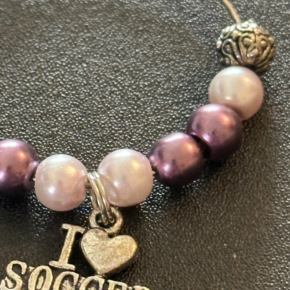 Wine glass tag, stainless steel purple/white/metal beads, Soccer charm